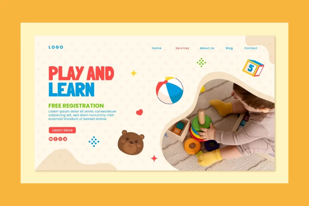 A colorful kindergarten website design featuring playful graphics, children’s activities, and a welcoming layout for parents.